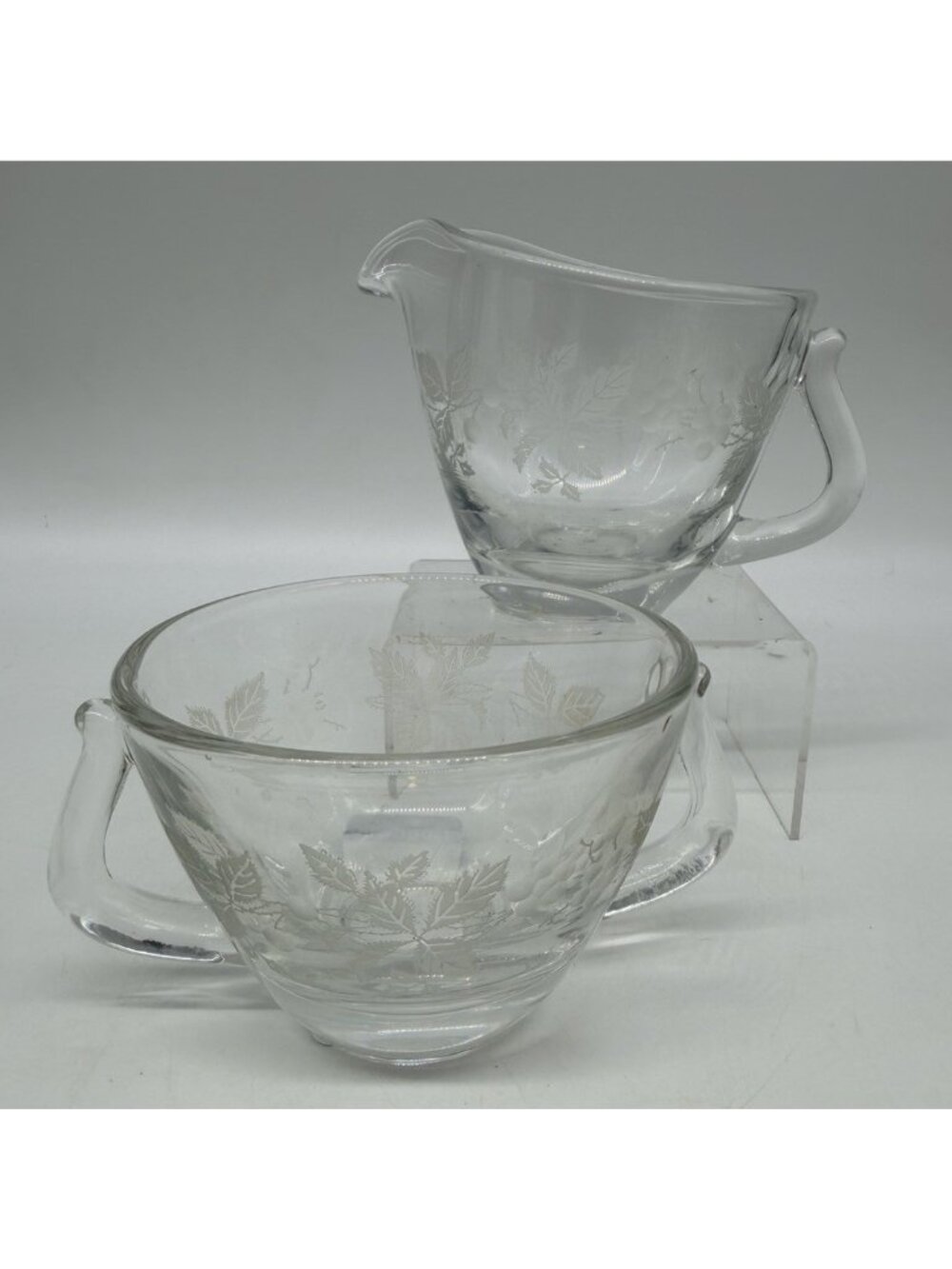 Sylvan By Fostoria Leaves Berries Creamer Open Sugar Set Etched Applied Handles